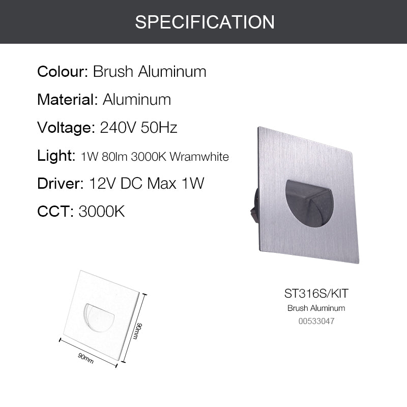 ST316S Square Stair Step Light Recessed Wall Light White Brush Aluminum Black